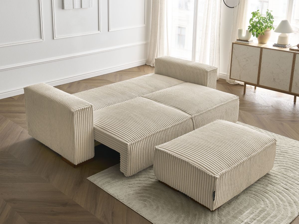 Bobochic Chelsea Schlafsofa 4-Sitzer mit Bettkasten und Pouf Breitcord weich Taupe