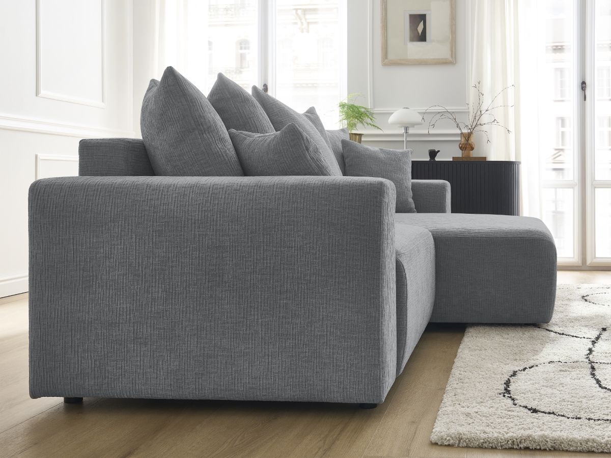 Bobochic Atilla Ecksofa mit Schlaffunktion und Bettkasten Strukturstoff Dunkelgrau Ecke rechts