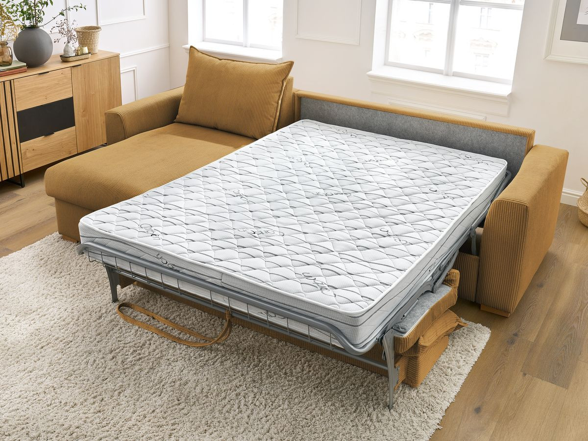 Bobochic Augustin Ecksofa mit Schlaffunktion und Bettkasten Cordsamt Gelb, Liegefläche 160 × 200 cm