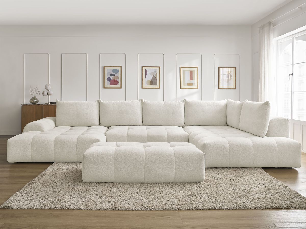 Bobochic Everest Wohnlandschaft mit Pouf, 6 Kissen Melange-Stoff Weiß Ecke links