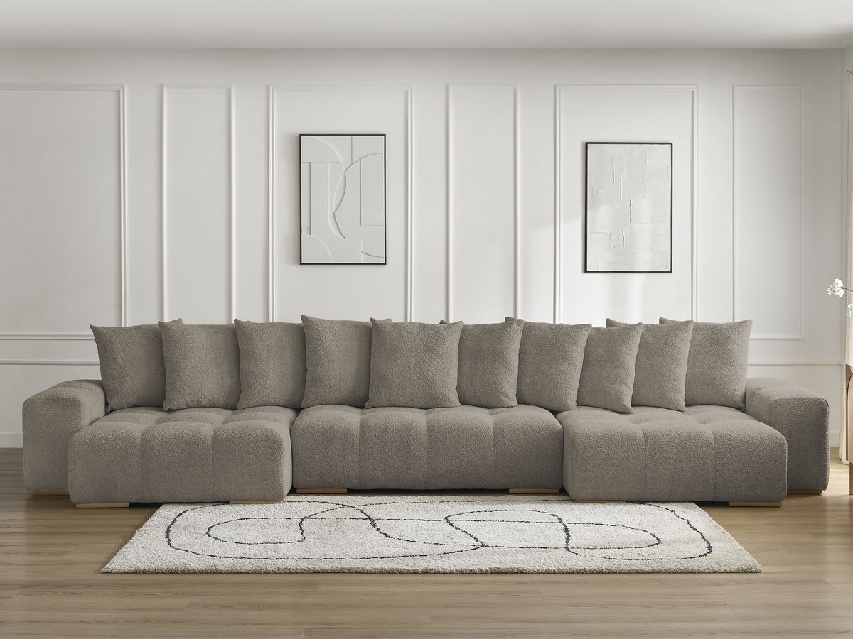 Bobochic Anakin Wohnlandschaft, Liegefläche 137 × 382 cm, 10 Kissen Bouclé-Stoff Taupe