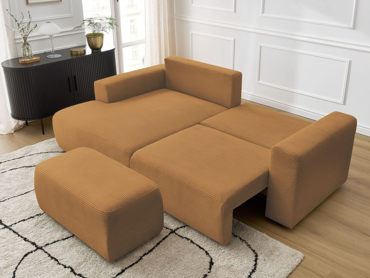 Bobochic Atilla Ecksofa mit Schlaffunktion und Bettkasten und Pouf Cordsamt Gelb Ecke links