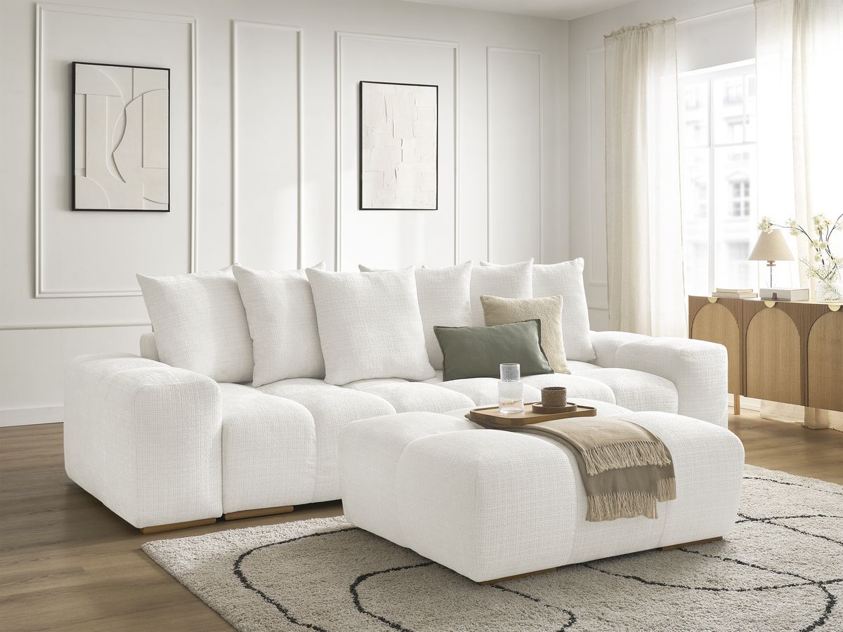 Bobochic Anakin Schlafsofa 3-Sitzer mit Bettkasten und Pouf, 6 Kissen Strukturstoff Weiß