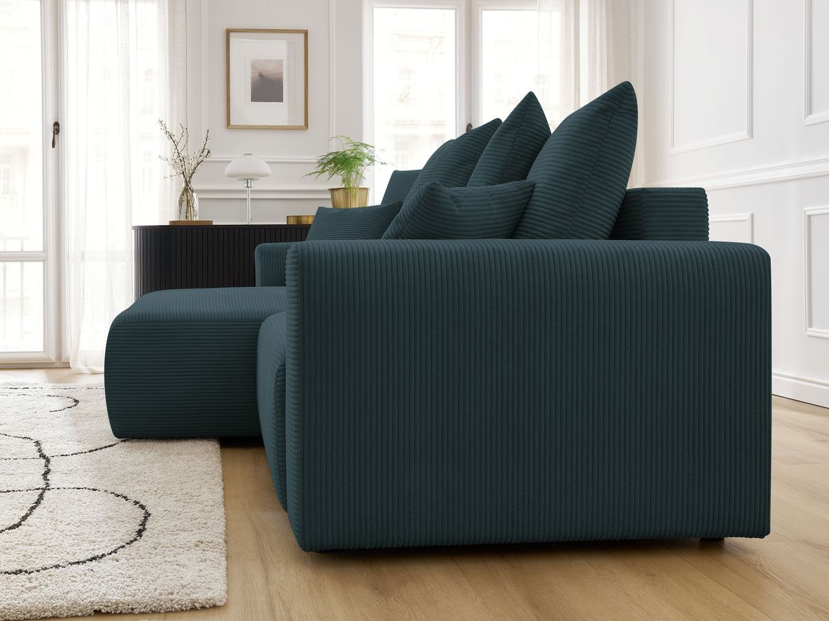 Bobochic Atilla Ecksofa mit Schlaffunktion und Bettkasten Cordsamt Dunkelblau Ecke links