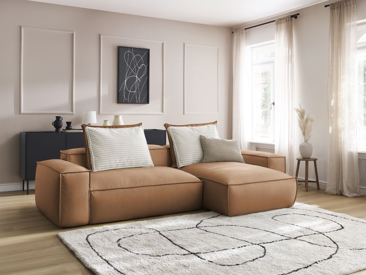 Bobochic Boheme Ecksofa, 3 Kissen Kunstleder Hellbraun