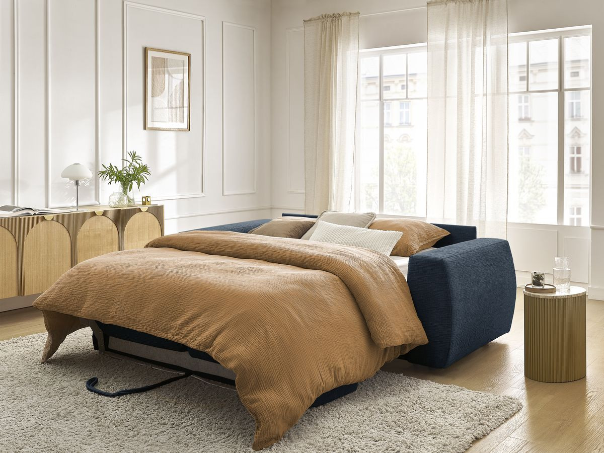 Bobochic Hugo Schlafsofa 3-Sitzer Strukturstoff Dunkelblau, Liegefläche 140 × 190 cm
