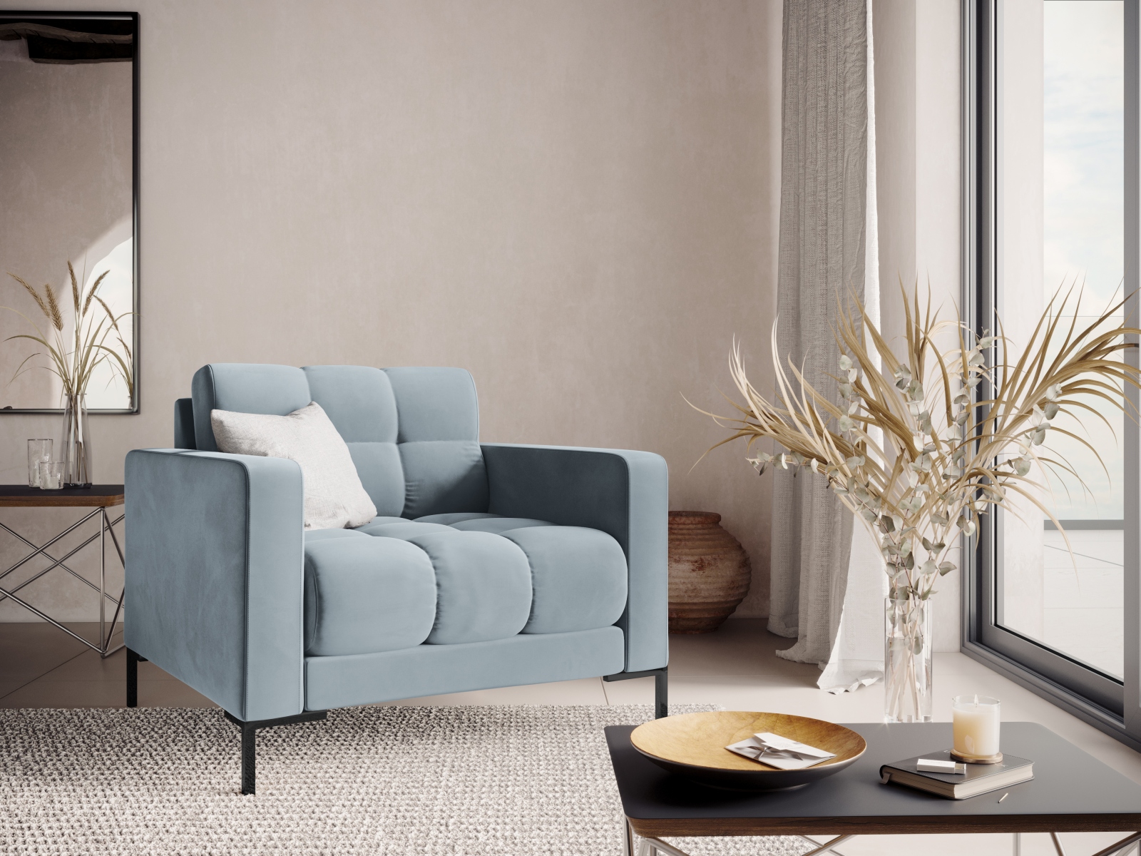 Cosmopolitan Design Sessel Bali Samt Bluvel Hellblau Beine Schwarzes Metall