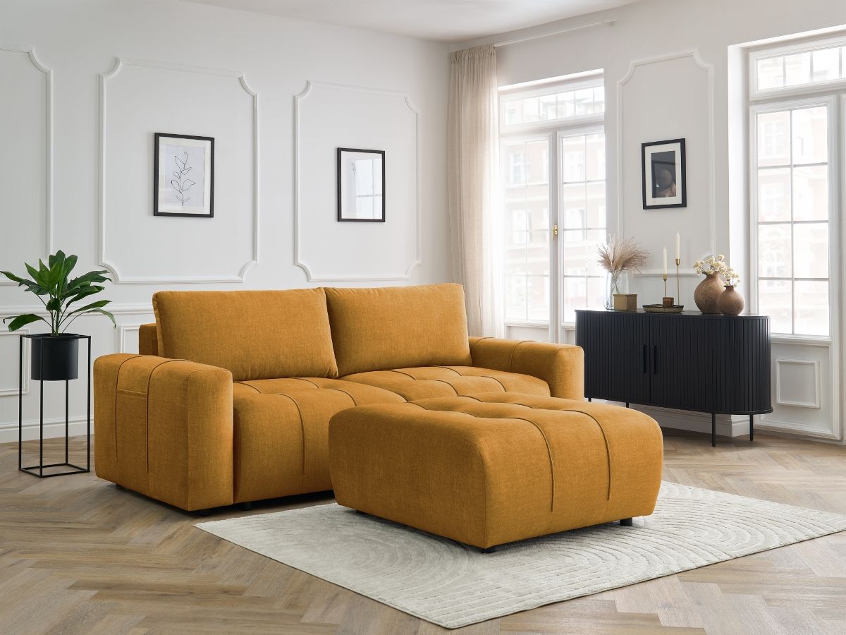 Bobochic Arsene Schlafsofa 4-Sitzer mit Bettkasten und Pouf Samt Gelb