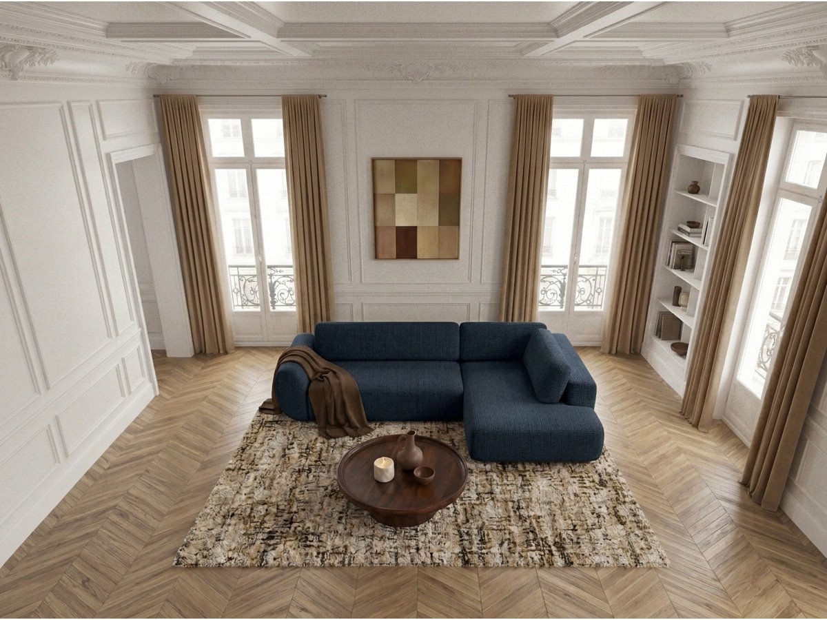 Bobochic Denise Ecksofa mit Schlaffunktion und Bettkasten 256 × 197 cm Strukturstoff Dunkelblau Ecke rechts