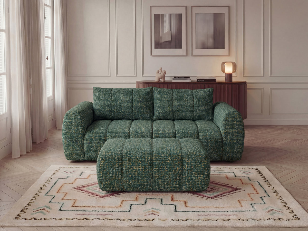 Bobochic Nesty Sofa 3-Sitzer mit Pouf Melange-Stoff Dunkelgrün