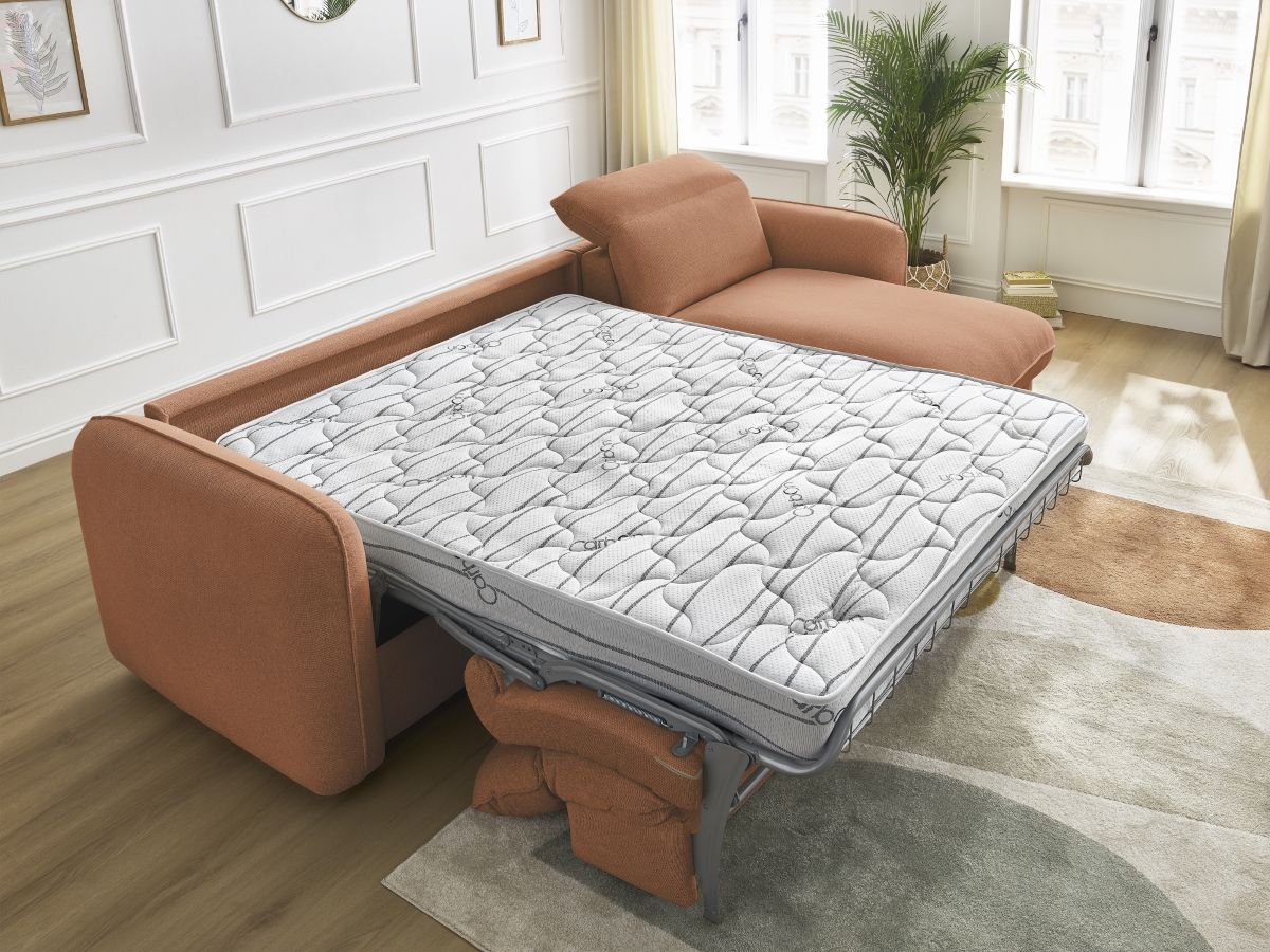 Bobochic Achille Ecksofa mit Schlaffunktion und Bettkasten Melange-Stoff Orange, Liegefläche 140 × 200 cm