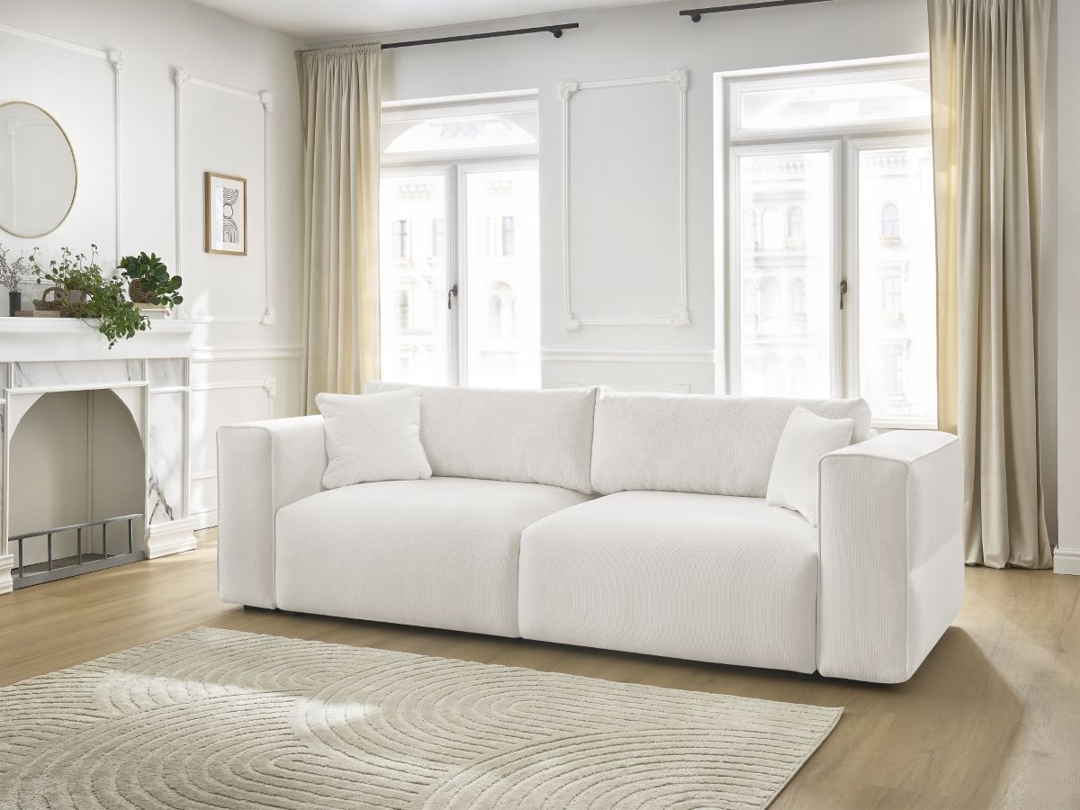 Bobochic Ezechiel Schlafsofa 3-Sitzer mit Bettkasten Melange-Stoff Weiß