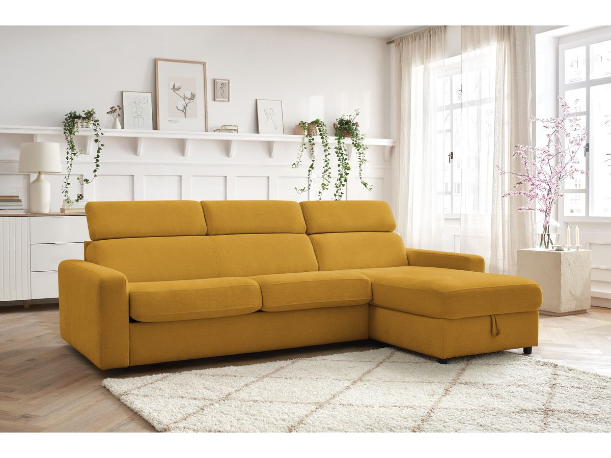 Bobochic Monaco Ecksofa mit Schlaffunktion und Bettkasten Stoff Gelb, Liegefläche 140 × 190 cm