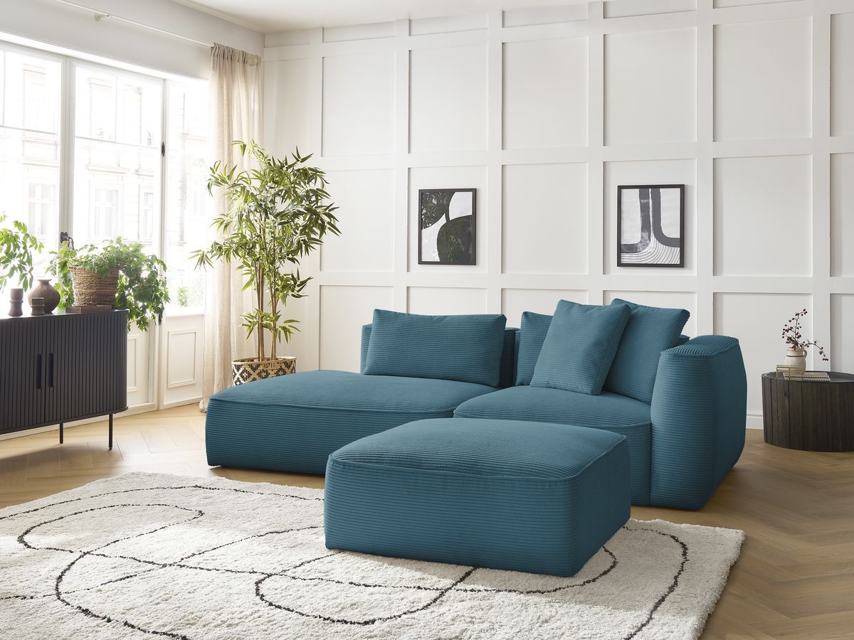 Bobochic Leopold Sofa 4-Sitzer mit Pouf Cordsamt Hellblau Armlehne rechts