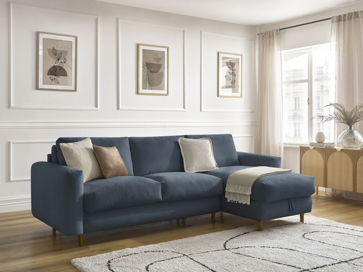 Bobochic Cocoone Ecksofa mit Schlaffunktion und Bettkasten Stoff Dunkelblau, Liegefläche 160 × 200 cm