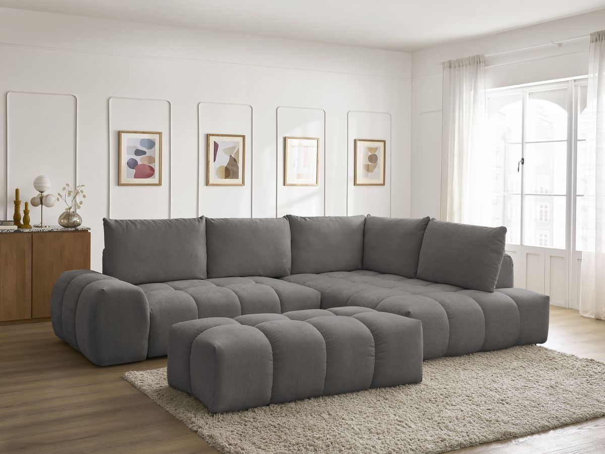 Bobochic Everest Ecksofa mit Schlaffunktion und Bettkasten und Pouf 320 × 212 cm, 5 Kissen Strukturstoff Dunkelgrau Ecke rechts