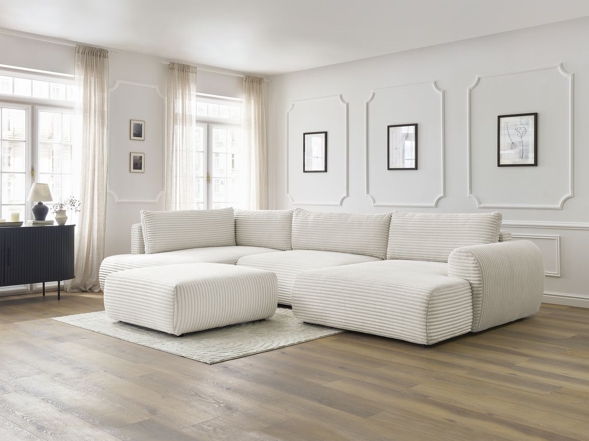Bobochic Lucien Wohnlandschaft mit Pouf Breitcord weich Beige Ecke rechts
