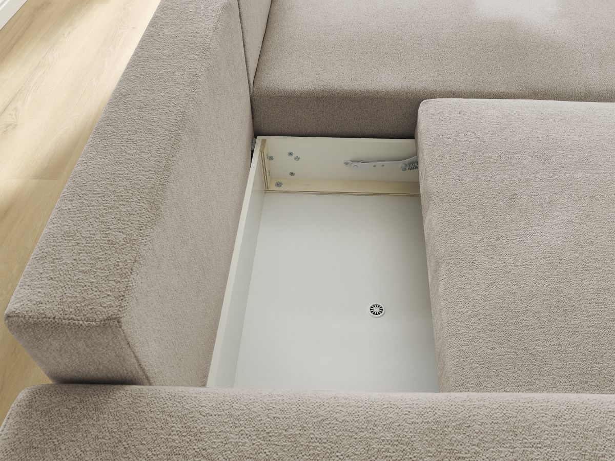 Bobochic Atilla Ecksofa mit Schlaffunktion und Bettkasten Melange-Stoff Taupe Ecke rechts