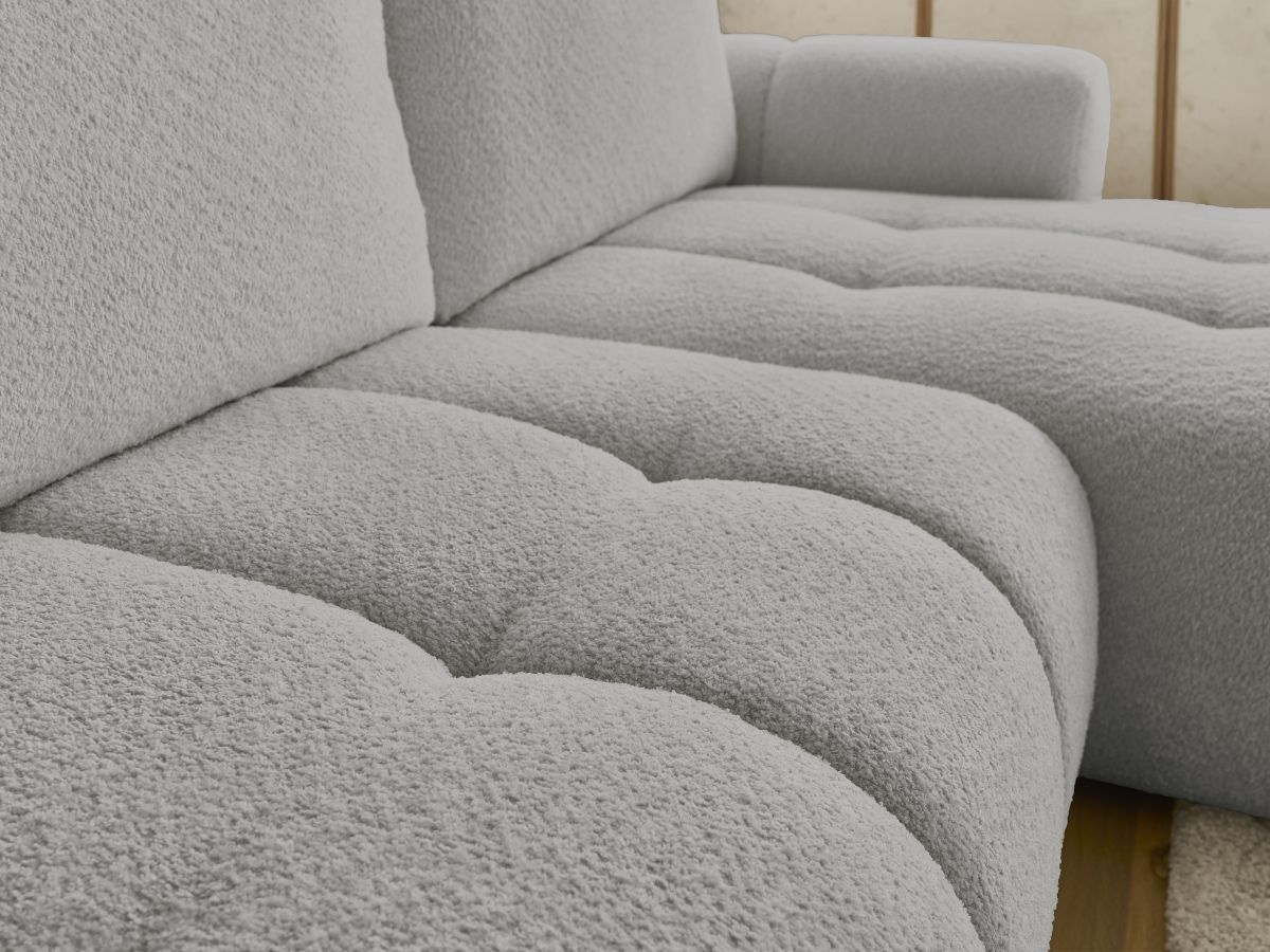 Bobochic Fuji Ecksofa mit Schlaffunktion und Bettkasten und Pouf 292 × 160 cm Bouclé-Stoff Hellgrau Ecke rechts