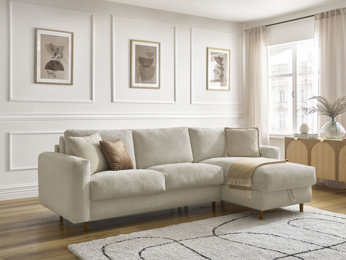 Bobochic Cocoone Ecksofa mit Schlaffunktion und Bettkasten Strukturstoff Beige, Liegefläche 160 × 200 cm