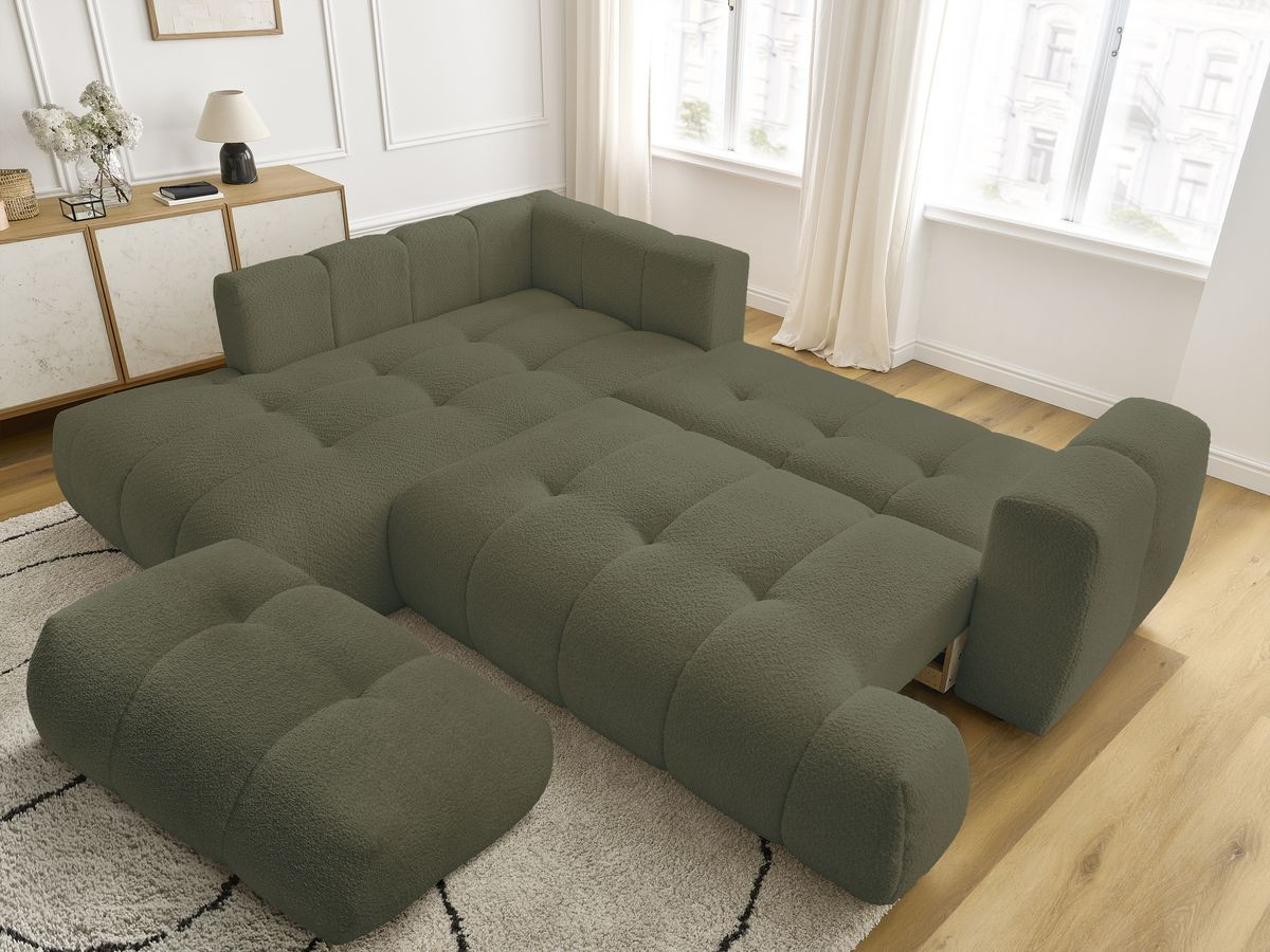 Bobochic Fuji Ecksofa mit Schlaffunktion und Bettkasten und Pouf 282 × 204 cm Bouclé-Stoff Grün Ecke links