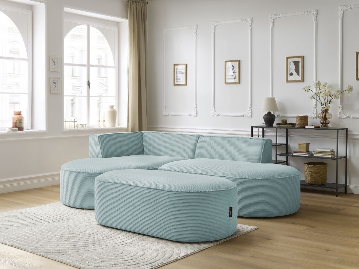 Bobochic Rousseau Ecksofa mit Pouf Cordsamt Hellblau Ecke links