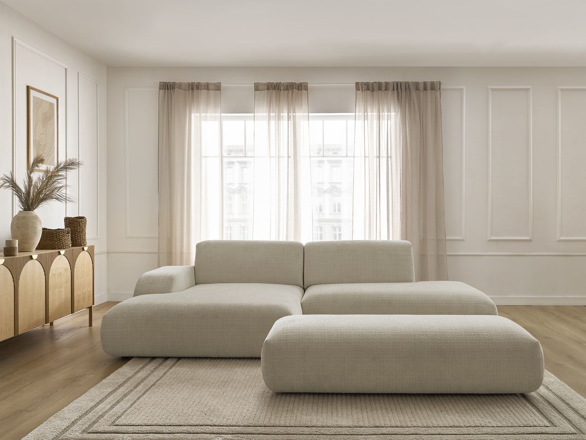Bobochic Sirius Ecksofa mit Pouf 300 × 170 cm Strukturstoff Beige Ecke links