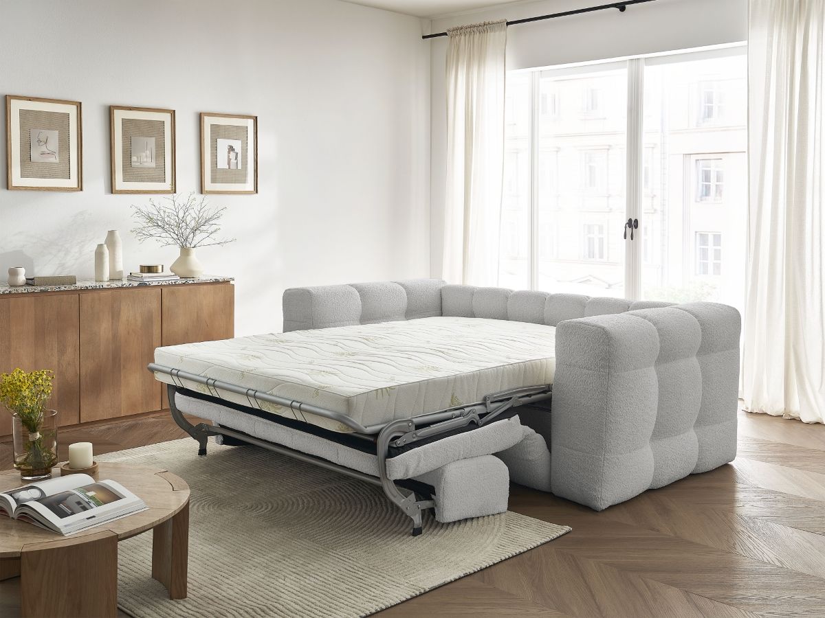 Bobochic Cloud Schlafsofa 3-Sitzer Bouclé-Stoff Hellgrau