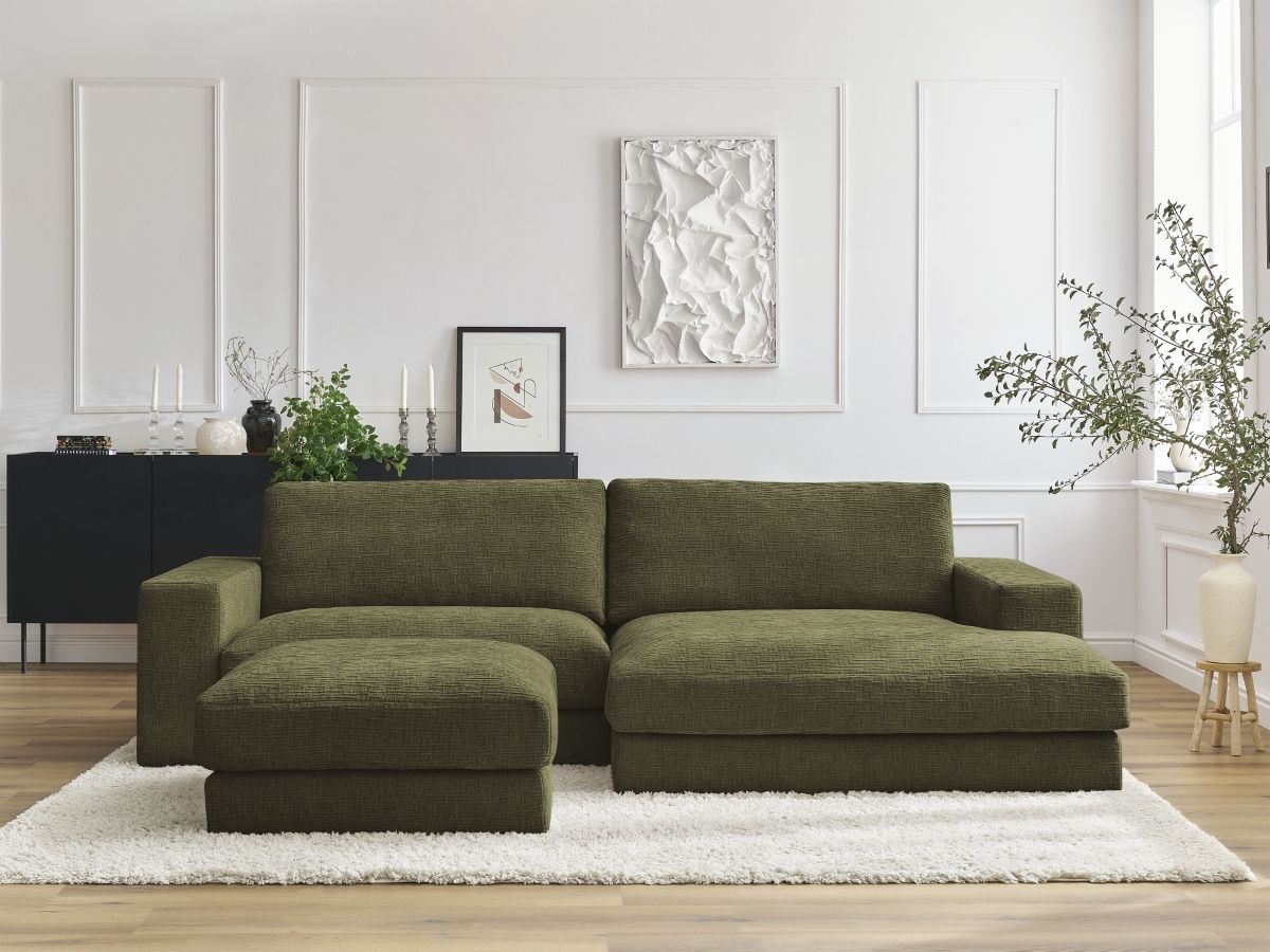 Bobochic Leonard Ecksofa mit Pouf 274 × 159 cm Strukturstoff Grün Ecke rechts