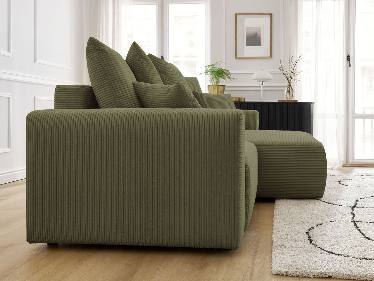Bobochic Atilla Ecksofa mit Schlaffunktion und Bettkasten Cordsamt Hellgrün Ecke rechts