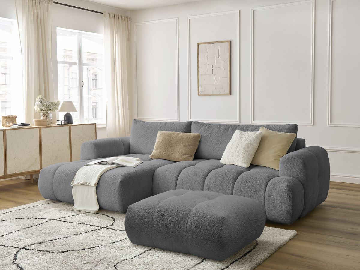 Bobochic Fuji Ecksofa mit Schlaffunktion und Bettkasten und Pouf 292 × 160 cm Bouclé-Stoff Dunkelgrau Ecke links