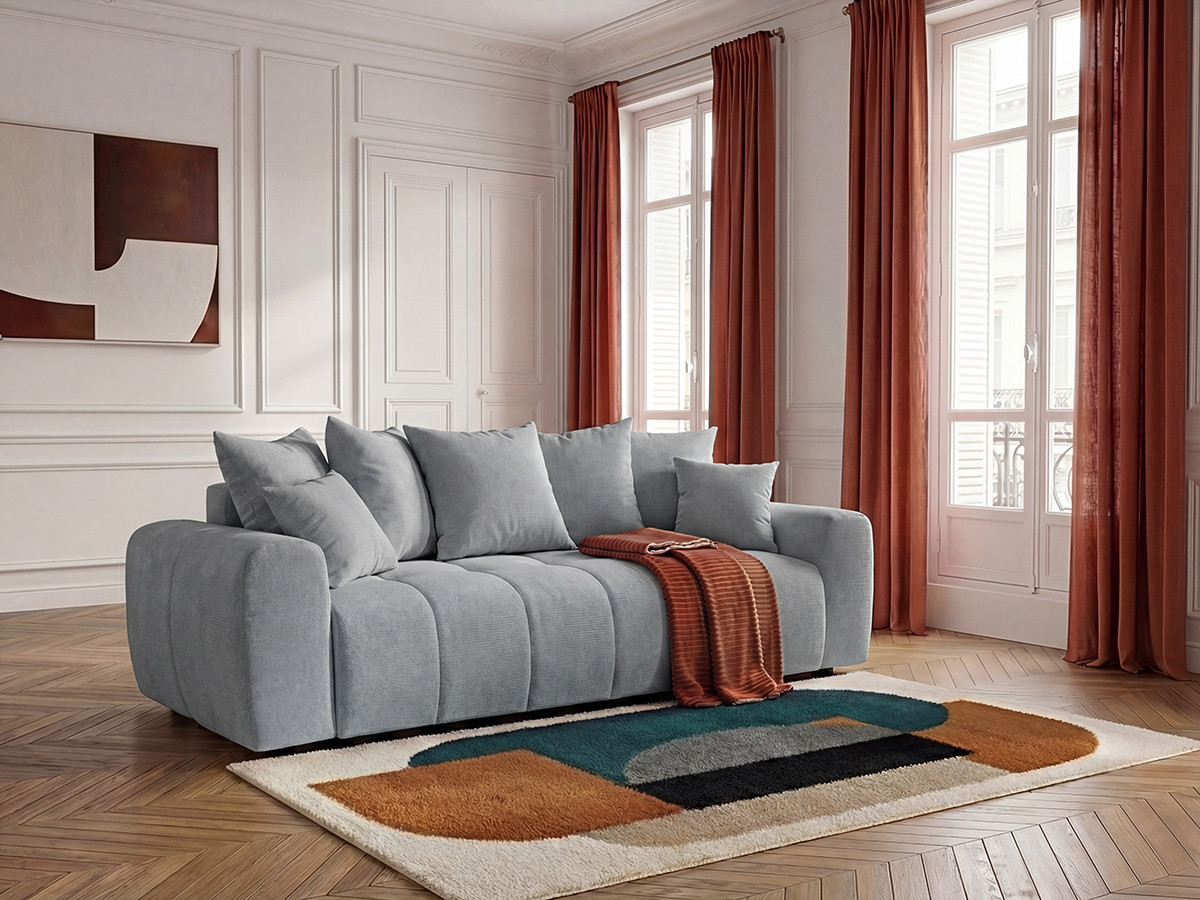 Bobochic Roxelane Schlafsofa 3-Sitzer mit Bettkasten Melange-Stoff Hellgrau