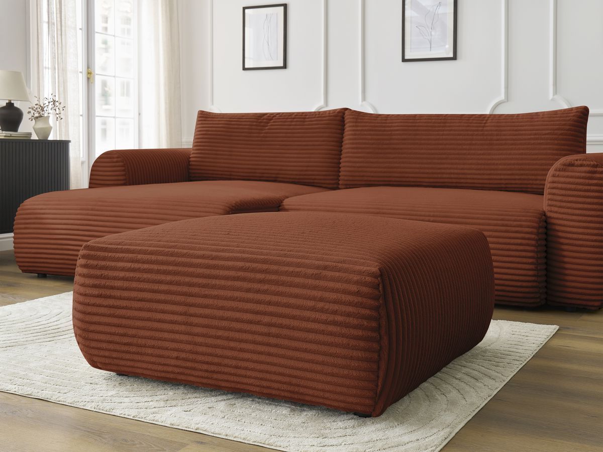 Bobochic Lucien Ecksofa mit Schlaffunktion und Bettkasten und Pouf 314 × 167 cm Breitcord weich Orange Ecke links