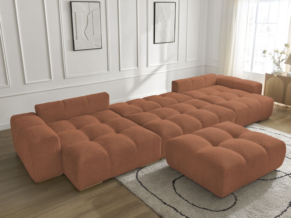 Bobochic Anakin Wohnlandschaft mit Pouf, Liegefläche 137 × 382 cm, 10 Kissen Bouclé-Stoff Orange
