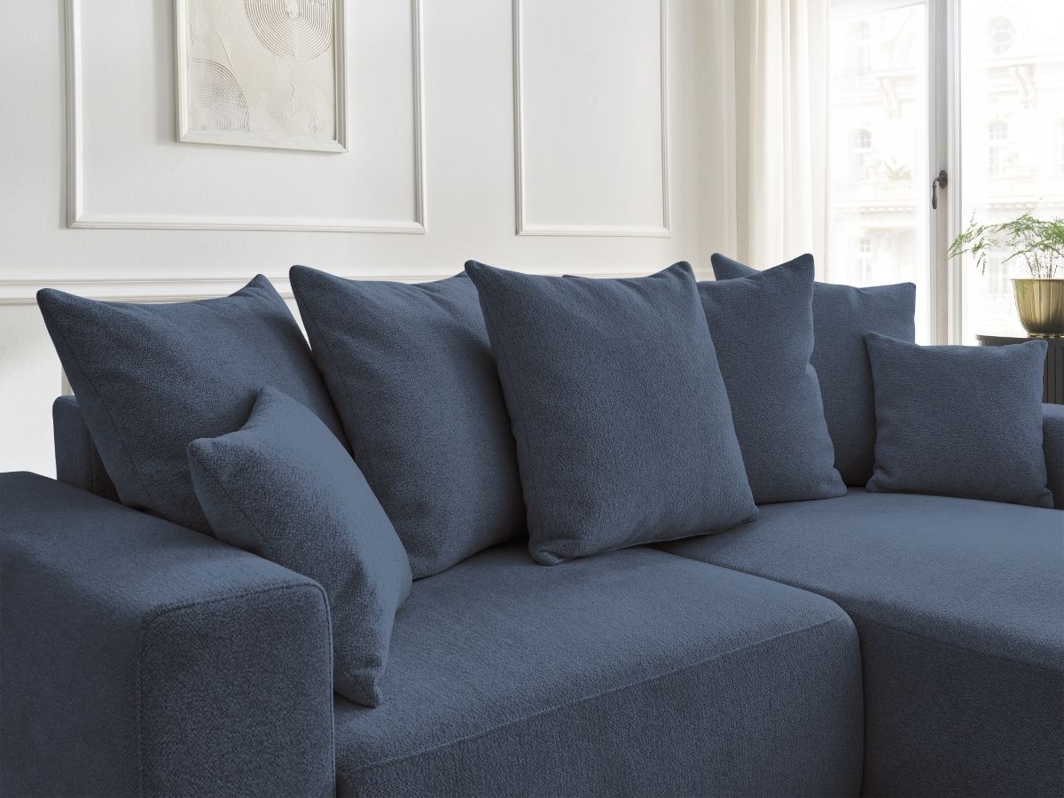 Bobochic Atilla Ecksofa mit Schlaffunktion und Bettkasten Melange-Stoff Blau Ecke rechts