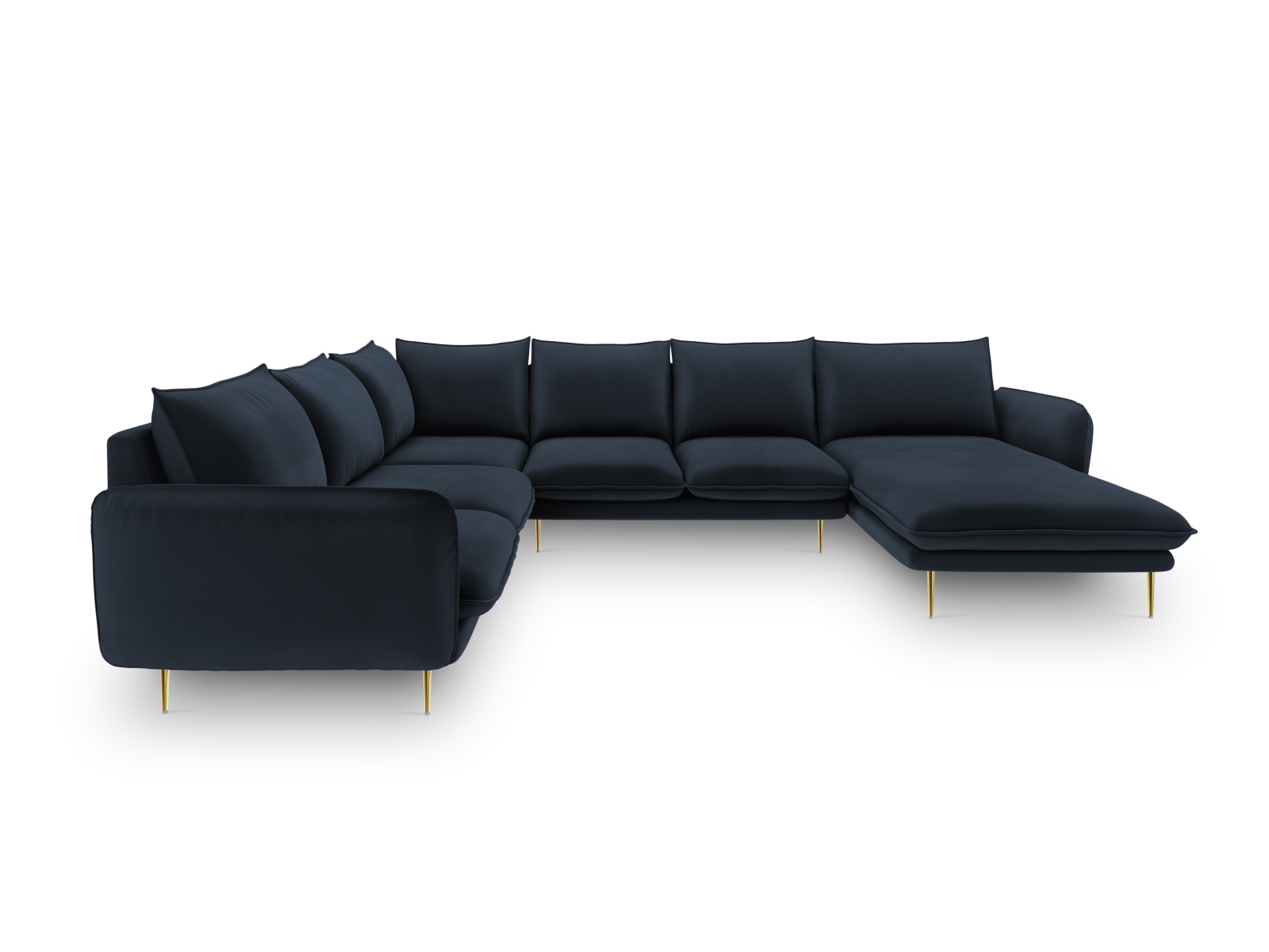 Cosmopolitan Design Panoramasofa Vienna 7-Sitzer Samt Bluvel Dunkelblau Links Beine Gold