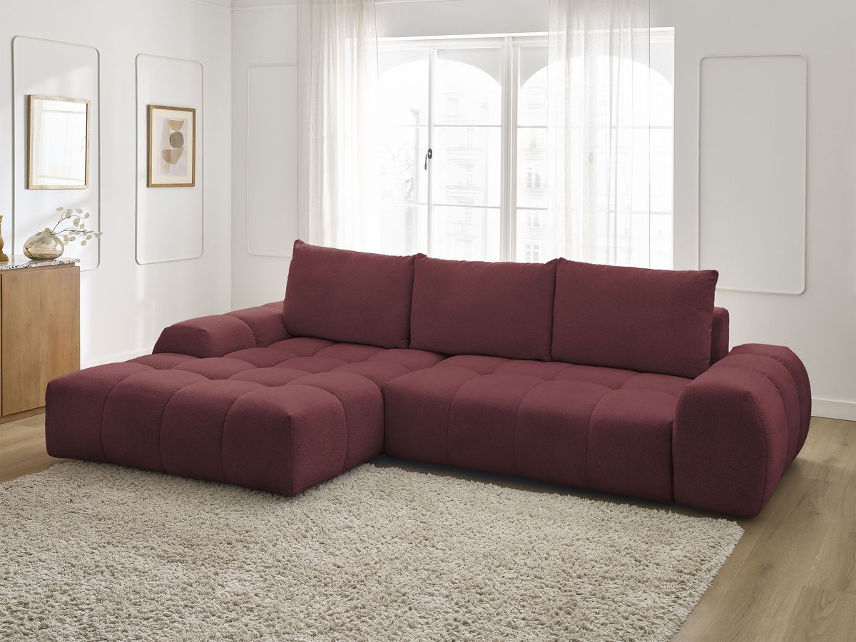 Bobochic Everest Ecksofa mit Schlaffunktion und Bettkasten 318 × 180 cm, 3 Kissen Melange-Stoff Rot Ecke links