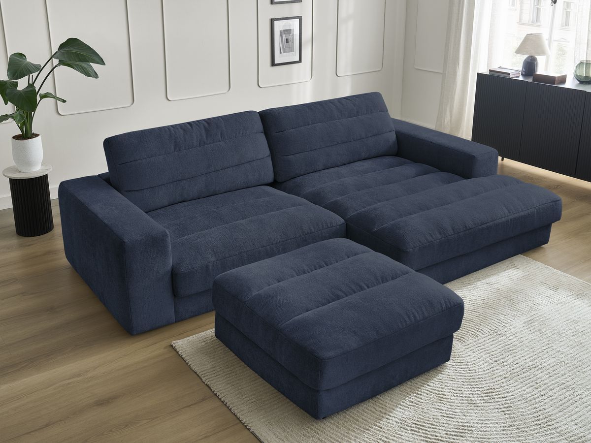 Bobochic Sierra Ecksofa mit Pouf Strukturstoff Dunkelblau Ecke rechts