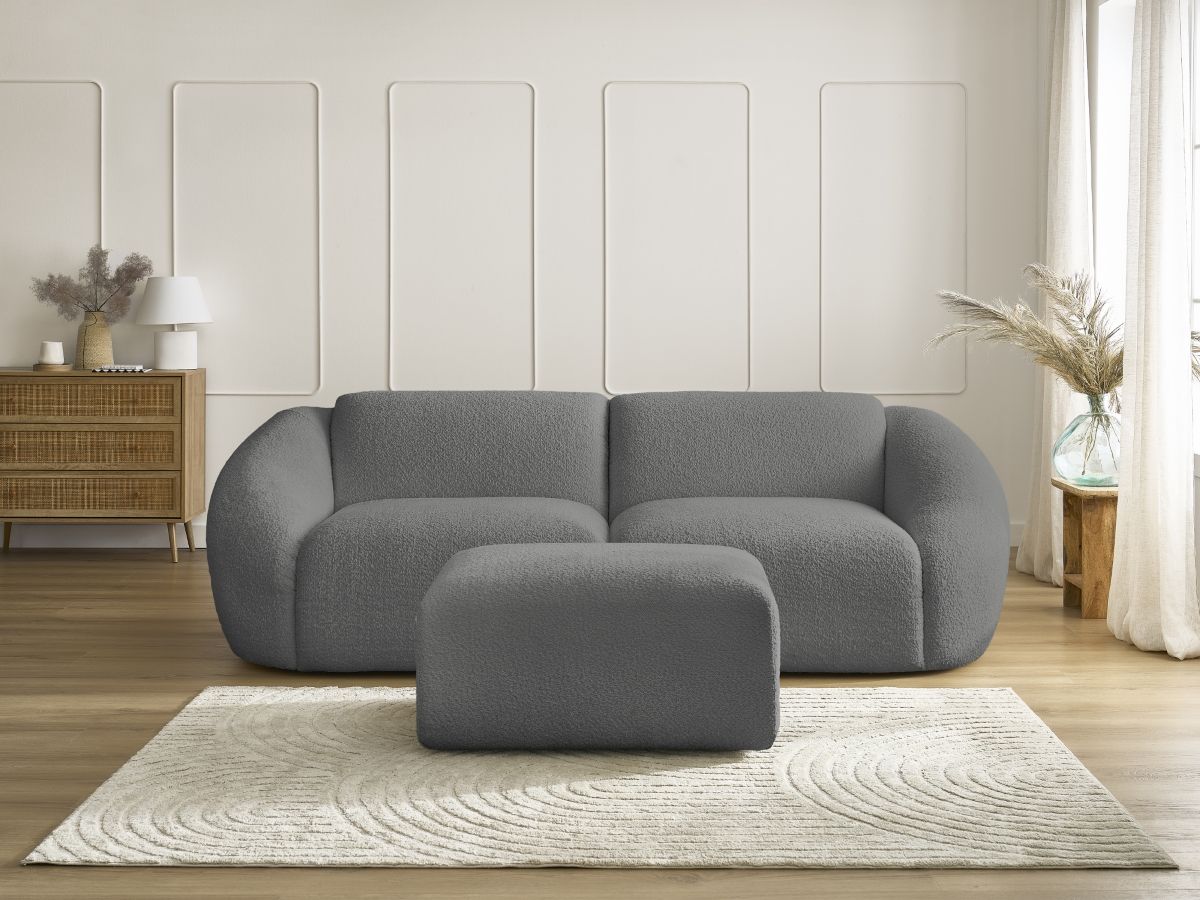 Bobochic Tina Sofa 4-Sitzer mit Pouf Bouclé-Stoff Dunkelgrau
