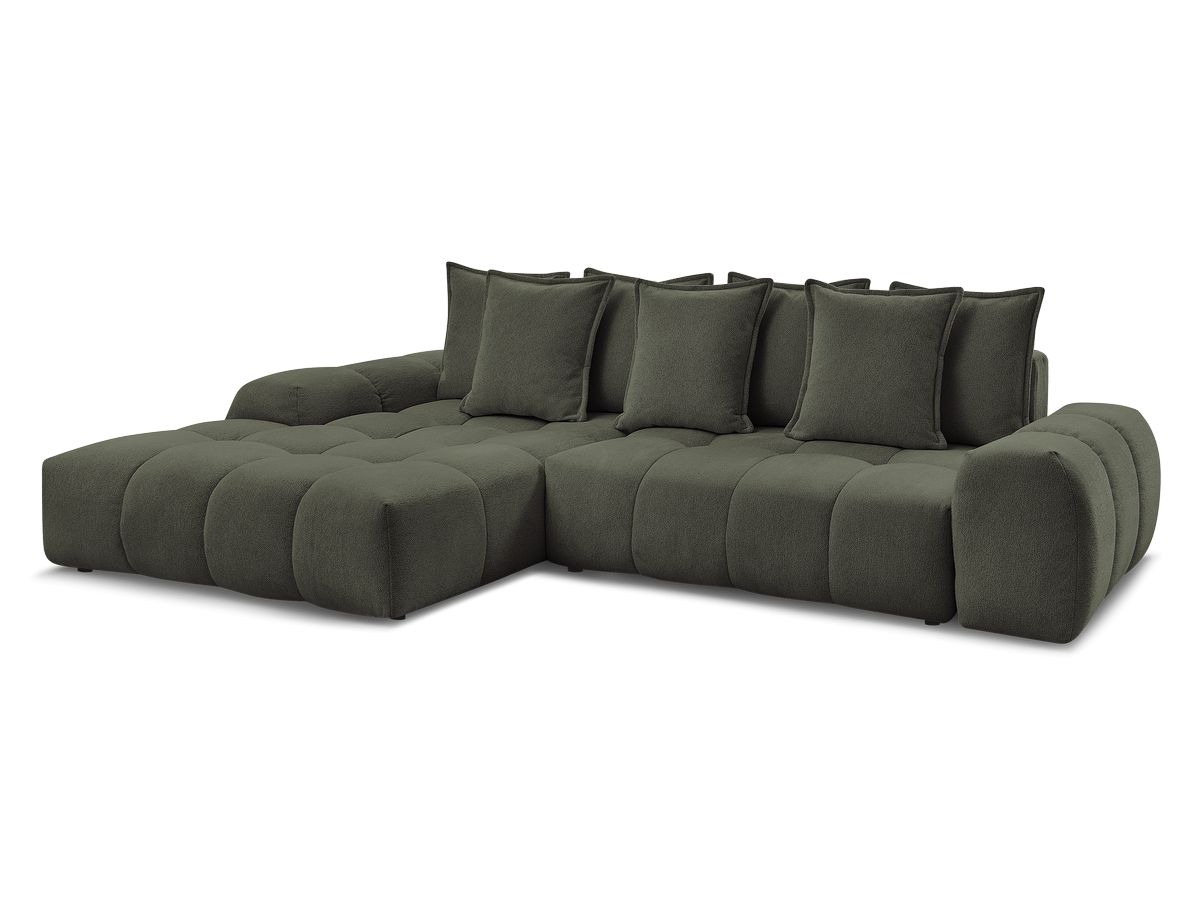 Bobochic Everest Ecksofa mit Schlaffunktion und Bettkasten 318 × 180 cm, 7 Kissen Melange-Stoff Grün Ecke links