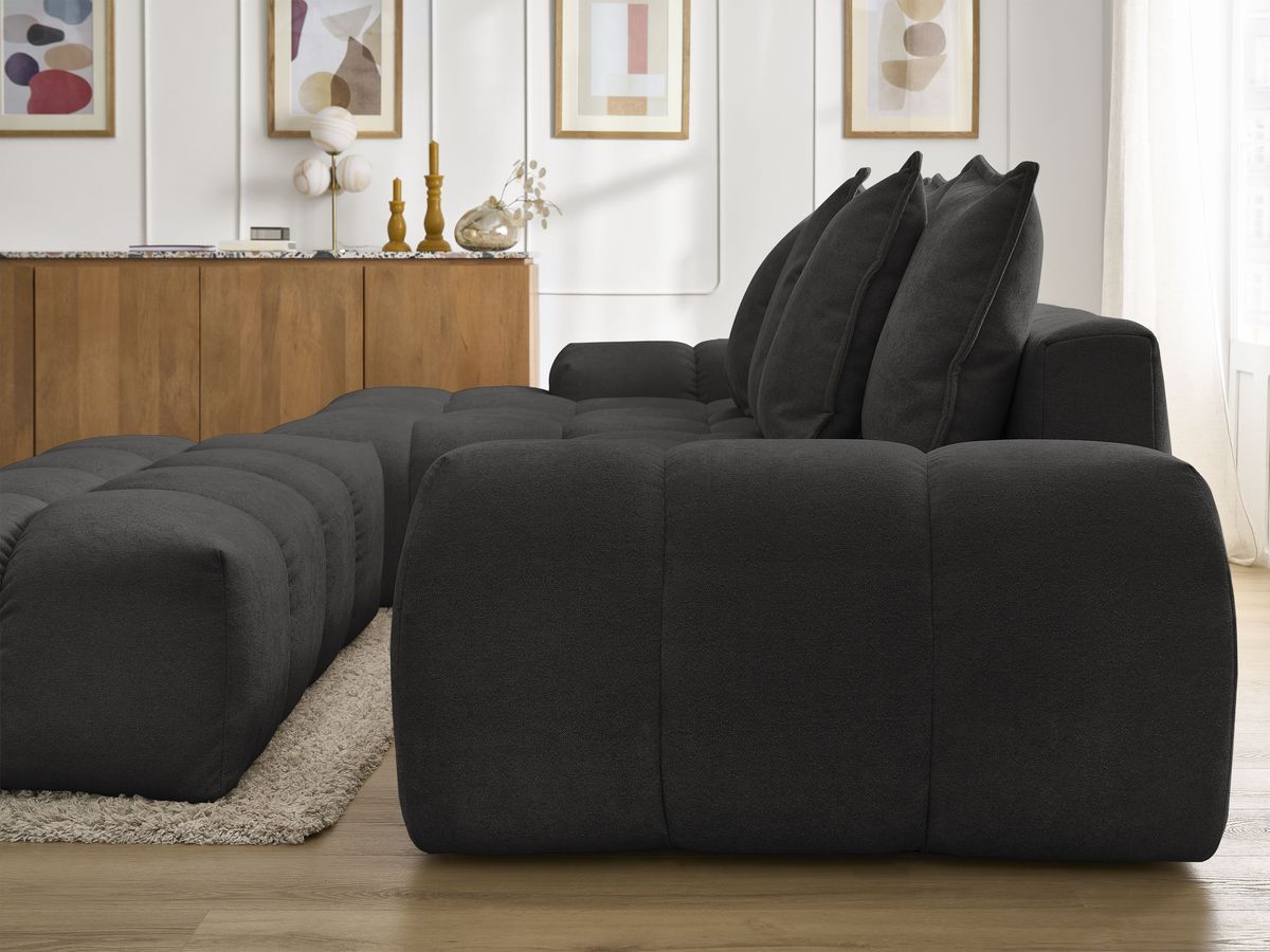 Bobochic Everest Ecksofa mit Schlaffunktion und Bettkasten und Pouf 318 × 180 cm, 7 Kissen Strukturstoff Schwarz Ecke links