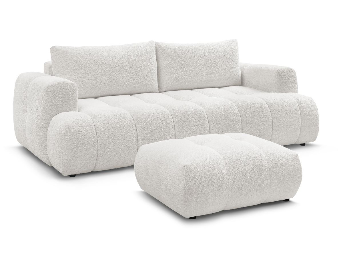 Bobochic Fuji Schlafsofa 3-Sitzer mit Bettkasten und Pouf Bouclé-Stoff Weiß