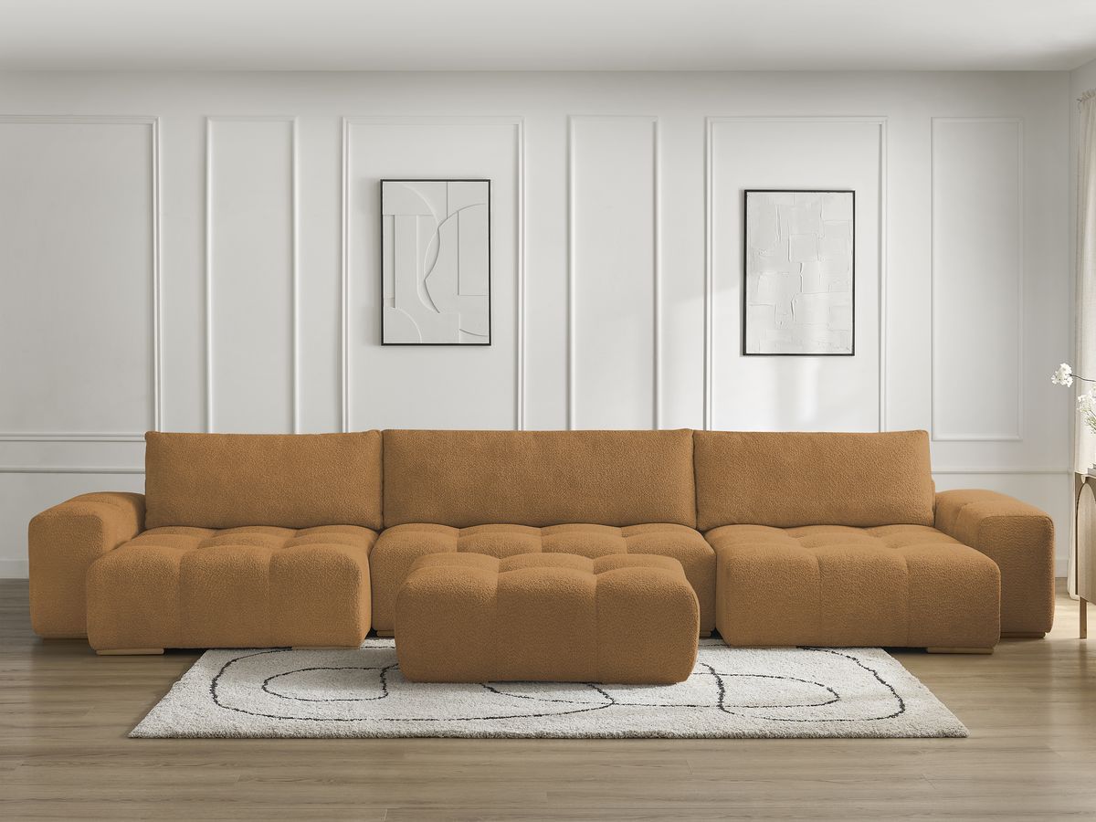 Bobochic Anakin Wohnlandschaft mit Pouf, Liegefläche 137 × 382 cm, 3 Kissen Bouclé-Stoff Gelb