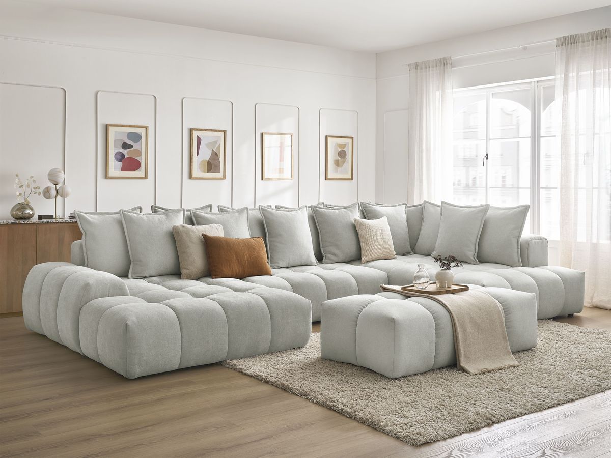 Bobochic Everest Wohnlandschaft mit Pouf, 14 Kissen Strukturstoff Hellgrau Ecke links