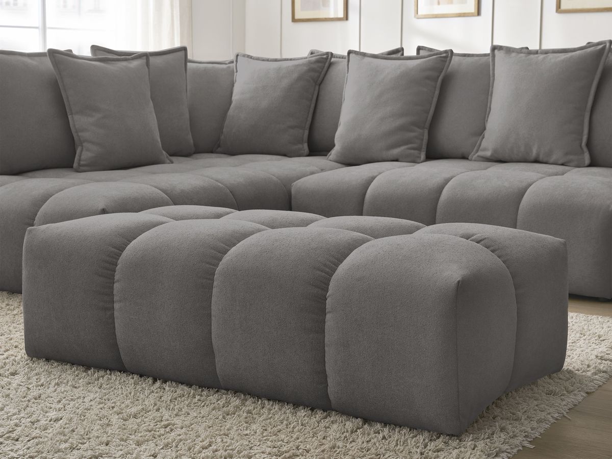 Bobochic Everest Ecksofa mit Schlaffunktion und Bettkasten und Pouf 320 × 212 cm, 10 Kissen Strukturstoff Dunkelgrau Ecke links
