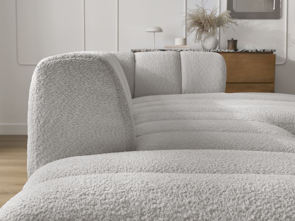 Bobochic Annecy Ecksofa mit Sofamodul und Pouf Bouclé-Stoff Hellgrau Ecke rechts