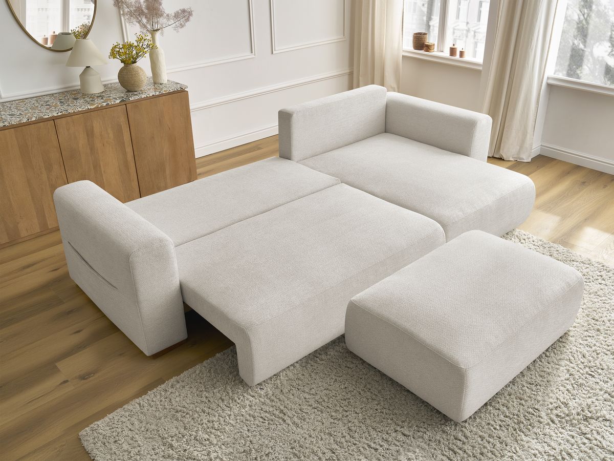 Bobochic Sidonie Ecksofa mit Schlaffunktion und Bettkasten und Pouf Melange-Stoff Beige