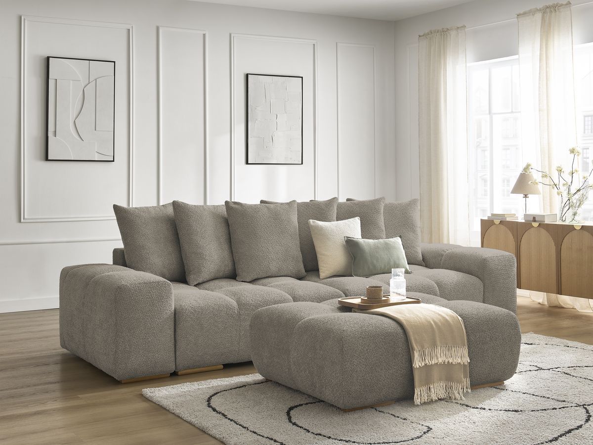 Bobochic Anakin Schlafsofa 3-Sitzer mit Bettkasten und Pouf, 6 Kissen Bouclé-Stoff Taupe
