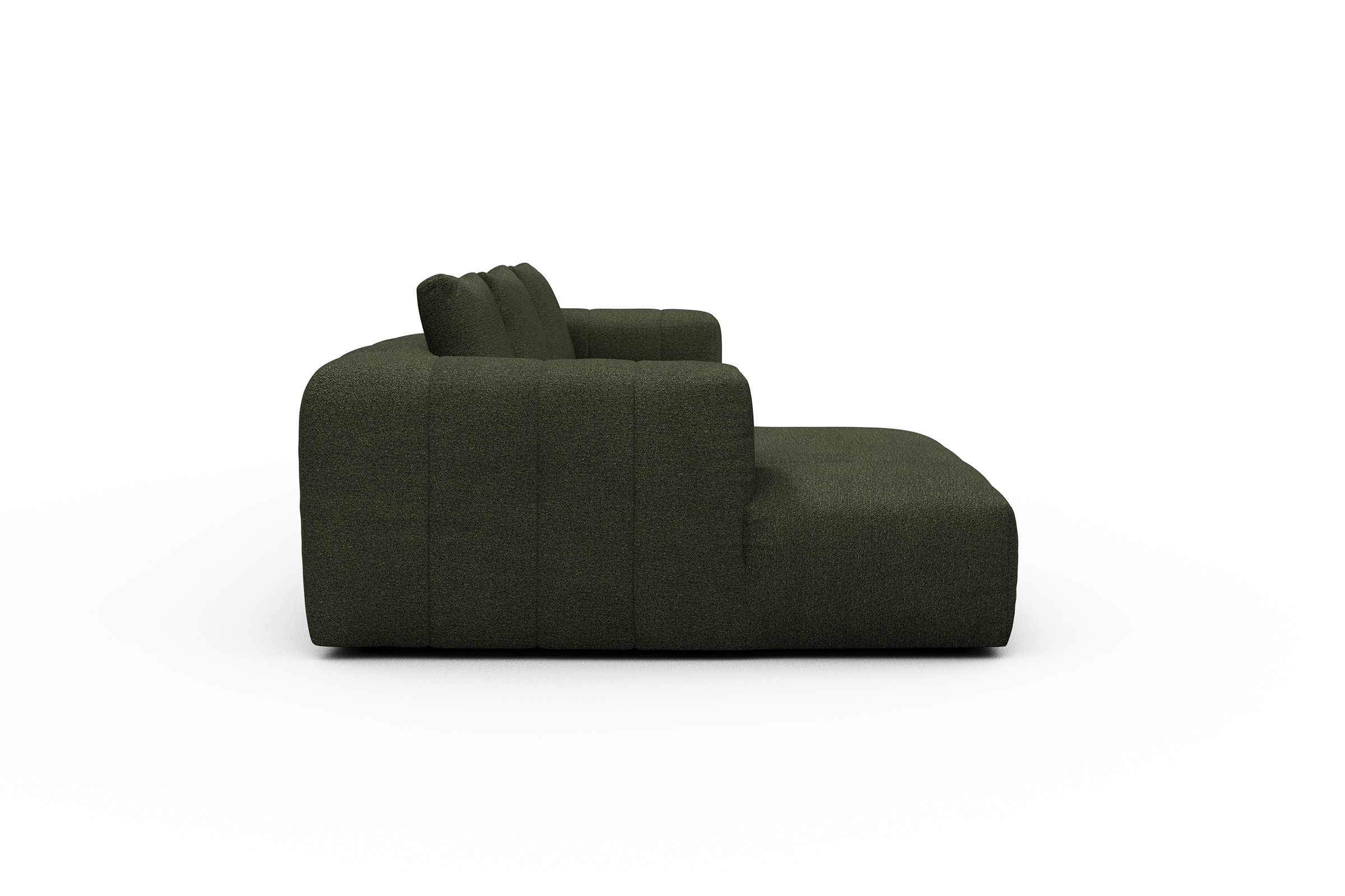 Ecksofa Hugo 2,5-Sitzer Armlehne rechts mit Chaiselongue Boucle-Forest-Green