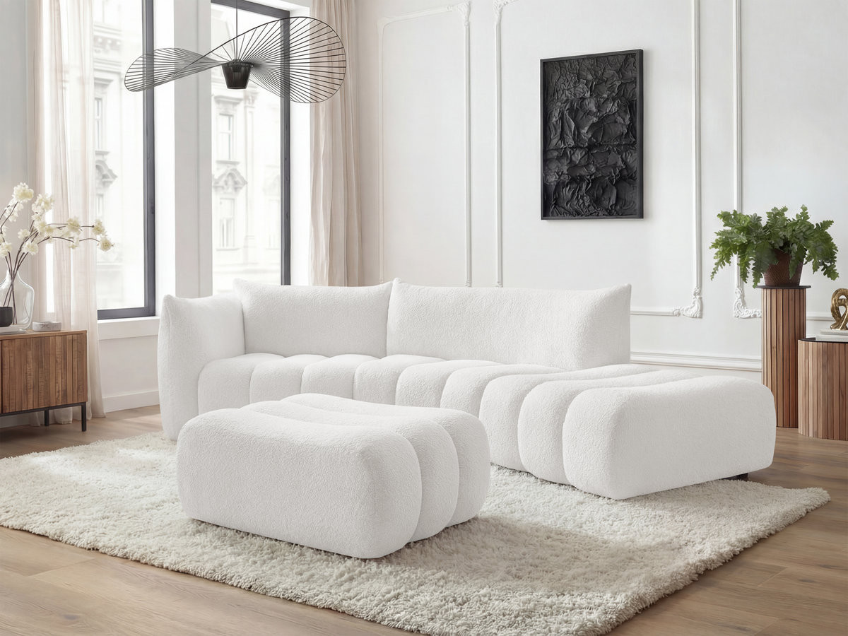 Bobochic Azra Ecksofa mit Pouf 325 × 112 cm Bouclé-Stoff Weiß Ecke links